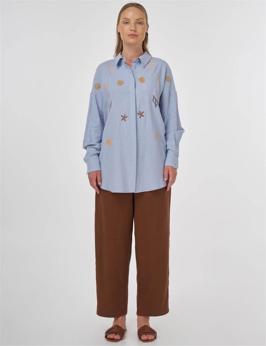 Nakışlı Keten Viskon Tunik Taç Mavisi