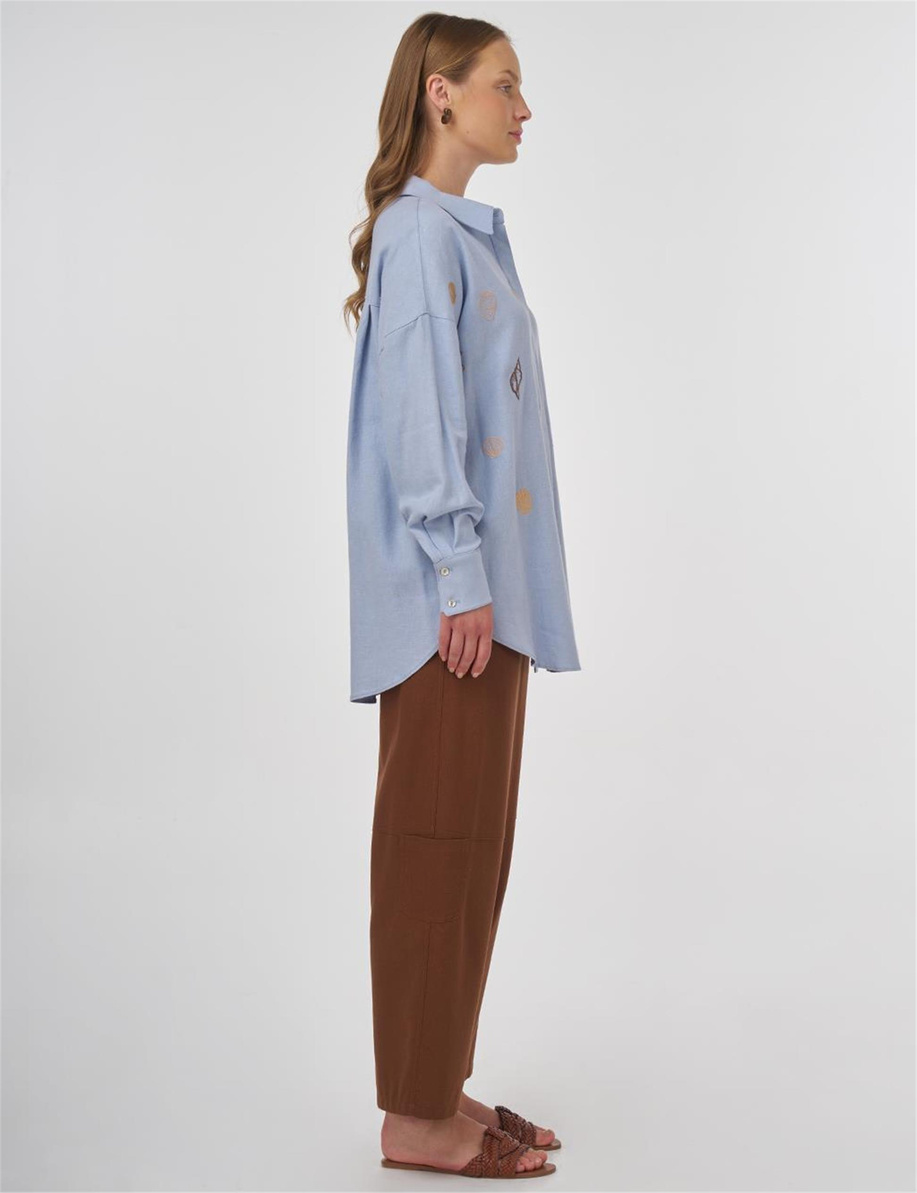 Nakışlı Keten Viskon Tunik Taç Mavisi