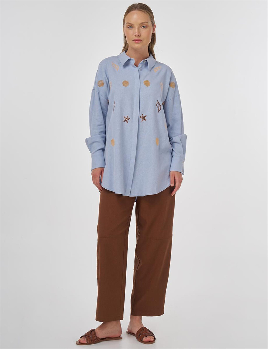 Nakışlı Keten Viskon Tunik Taç Mavisi