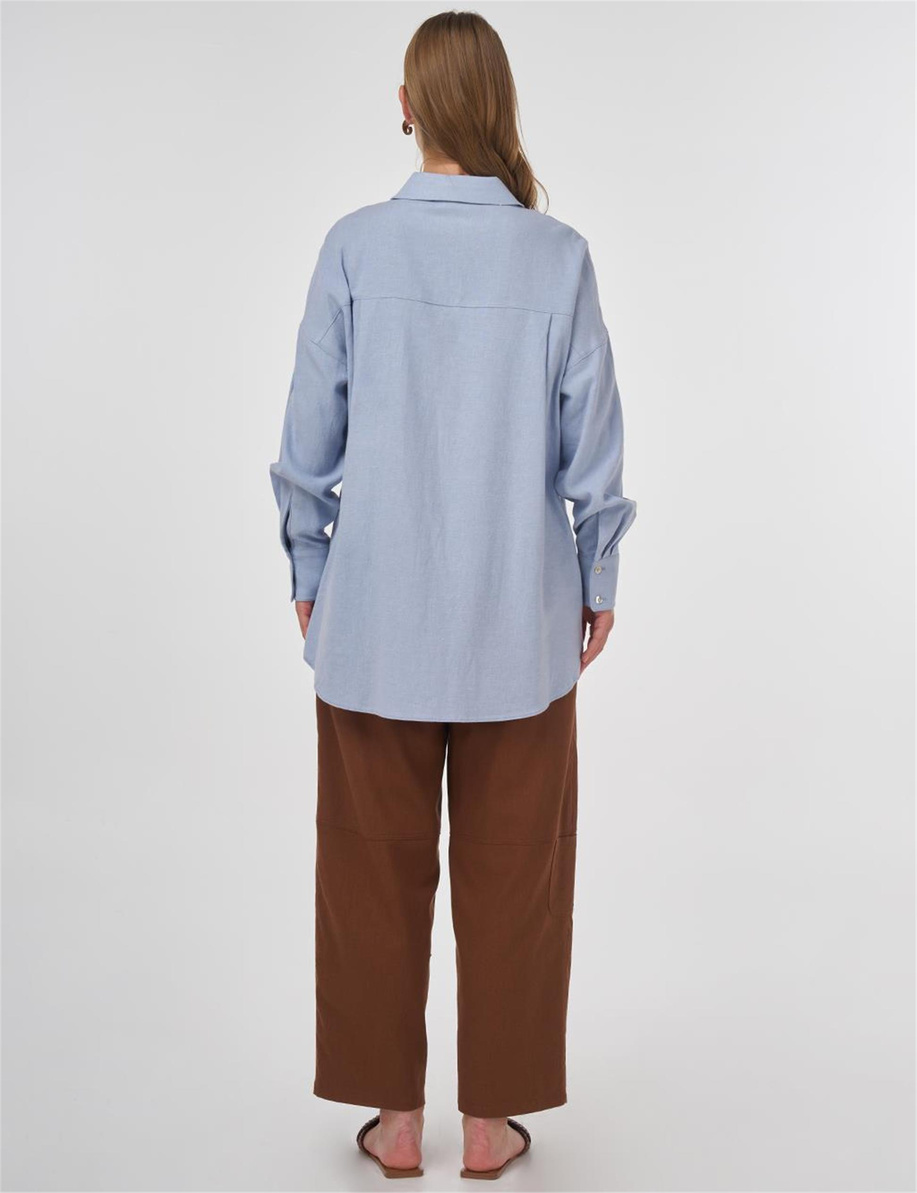 Nakışlı Keten Viskon Tunik Taç Mavisi