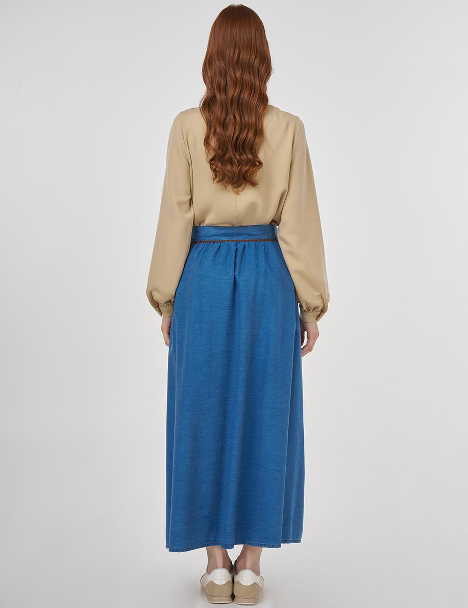 Nakışlı Lyocell Kloş Etek Mavi