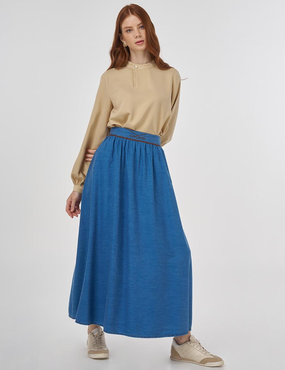 Nakışlı Lyocell Kloş Etek Mavi