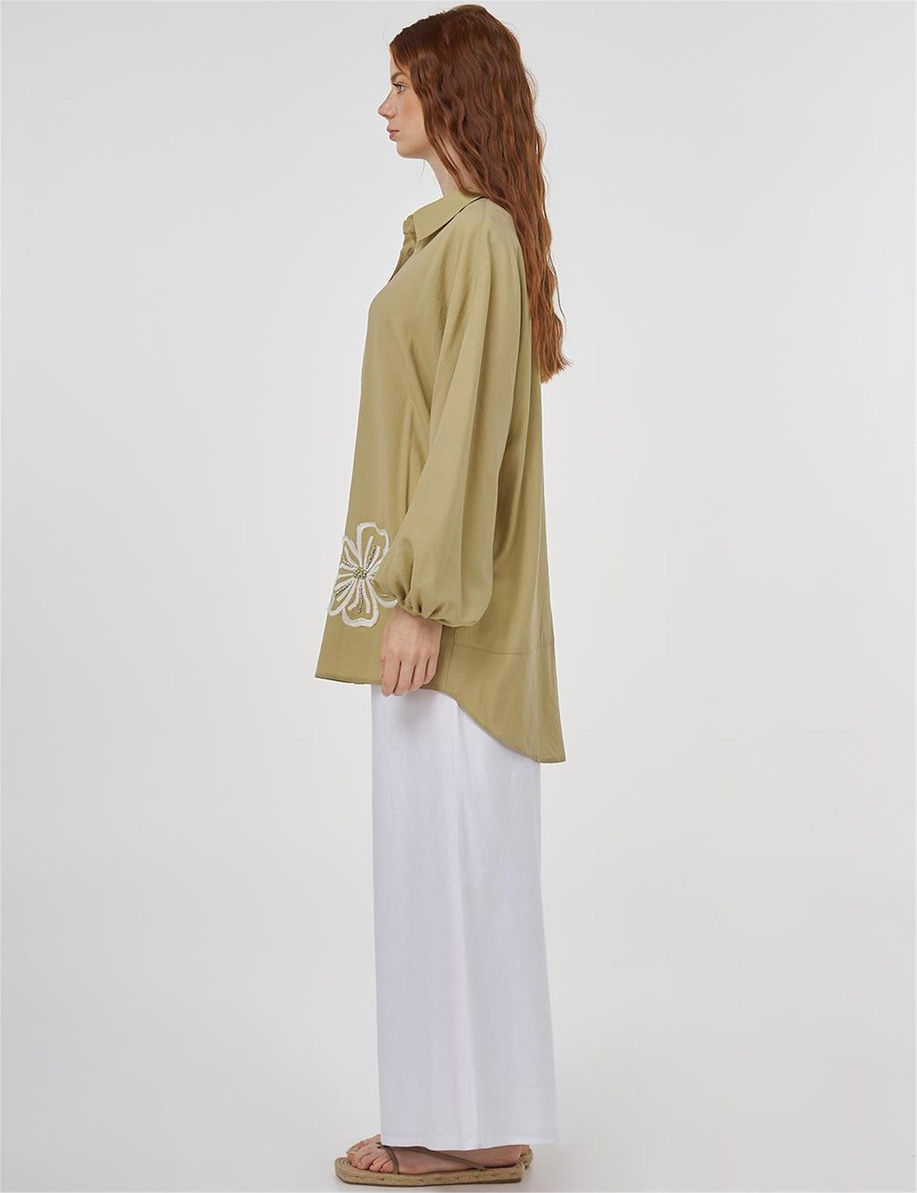 Nakışlı Viskon Keten Tunik Açık Yeşil