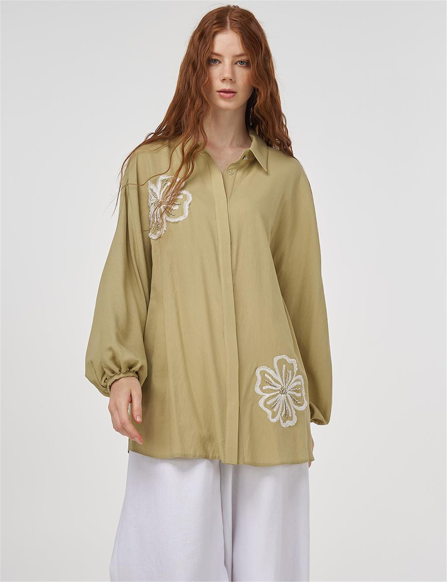 Nakışlı Viskon Keten Tunik Açık Yeşil