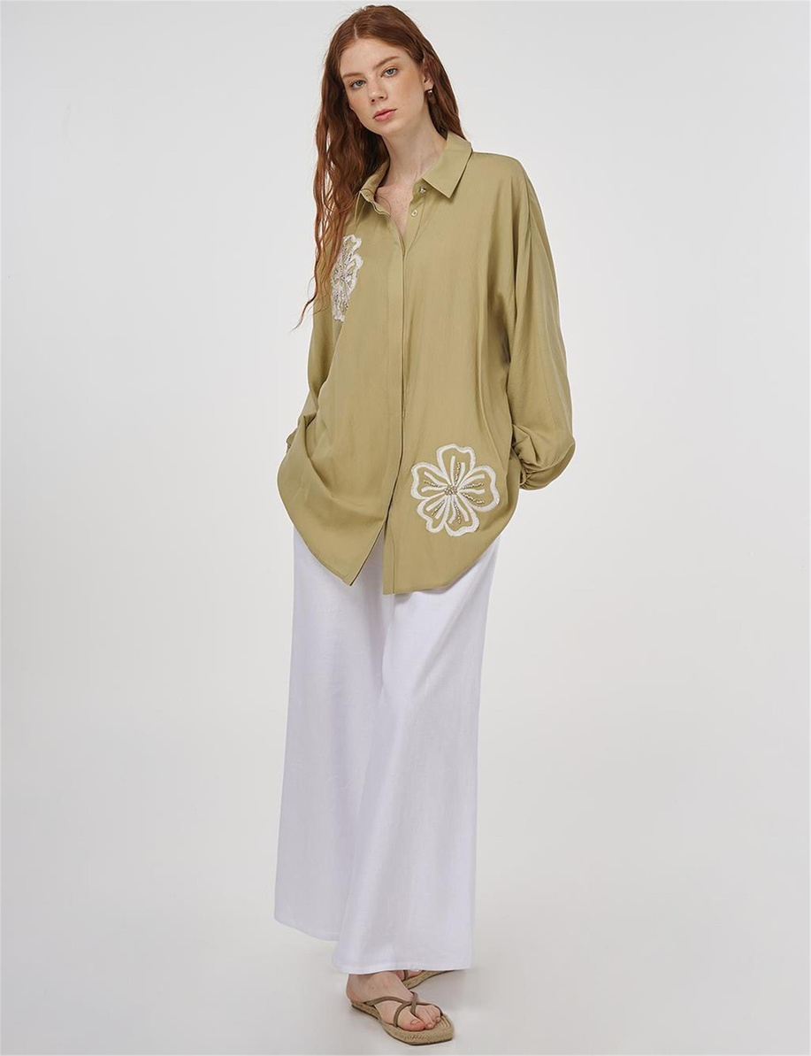 Nakışlı Viskon Keten Tunik Açık Yeşil