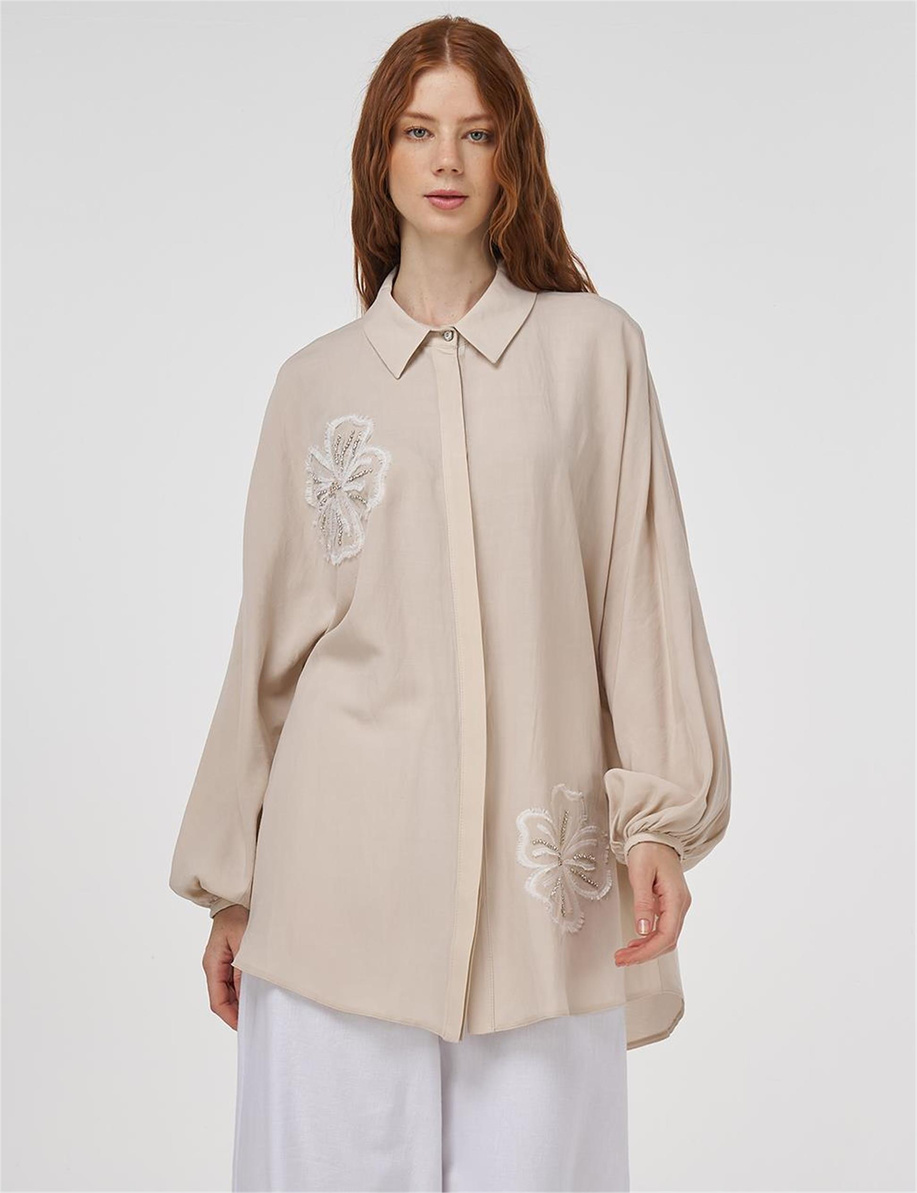 Nakışlı Viskon Keten Tunik Krem