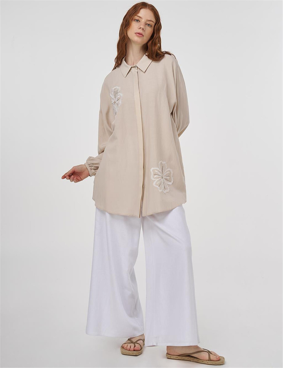 Nakışlı Viskon Keten Tunik Krem