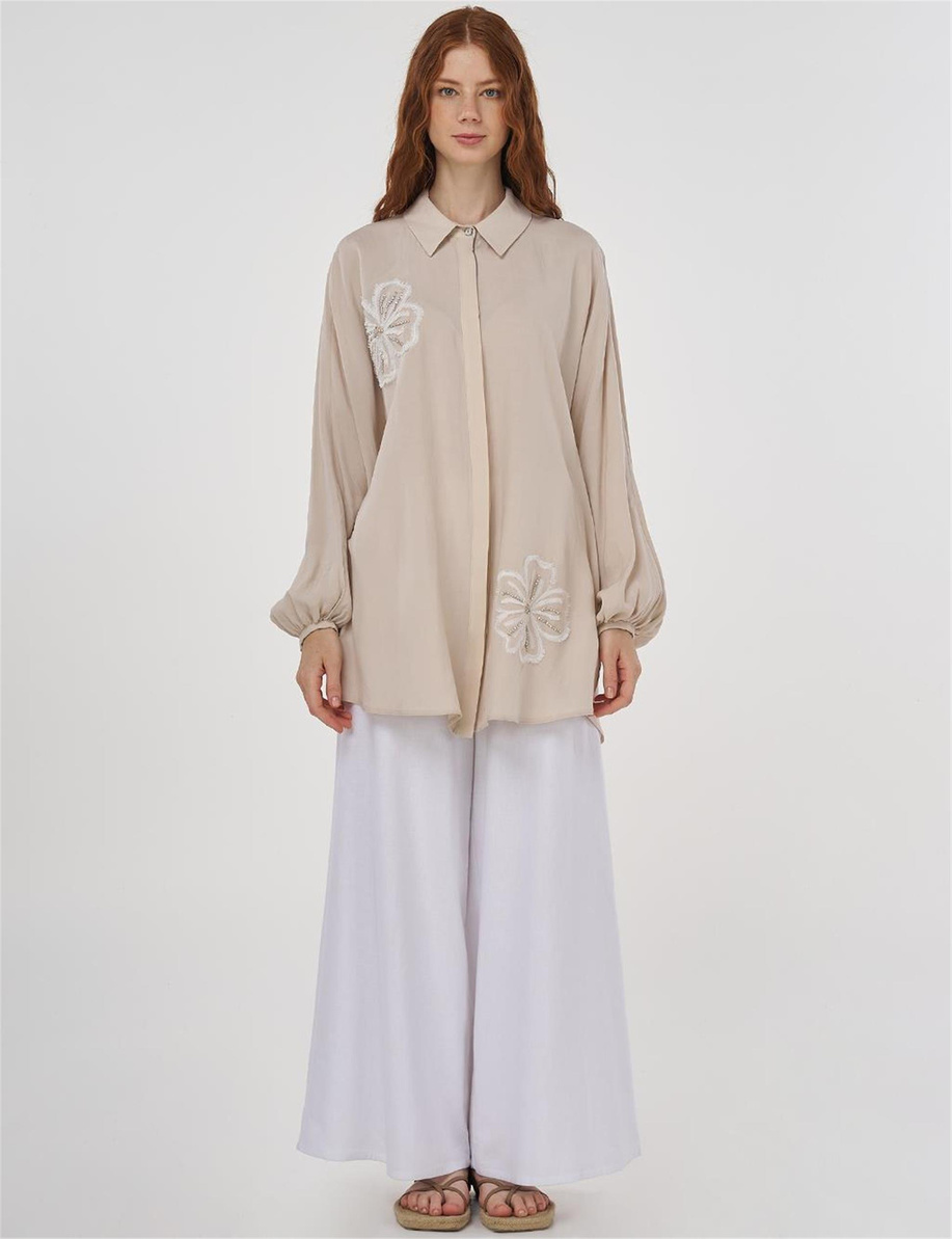 Nakışlı Viskon Keten Tunik Krem
