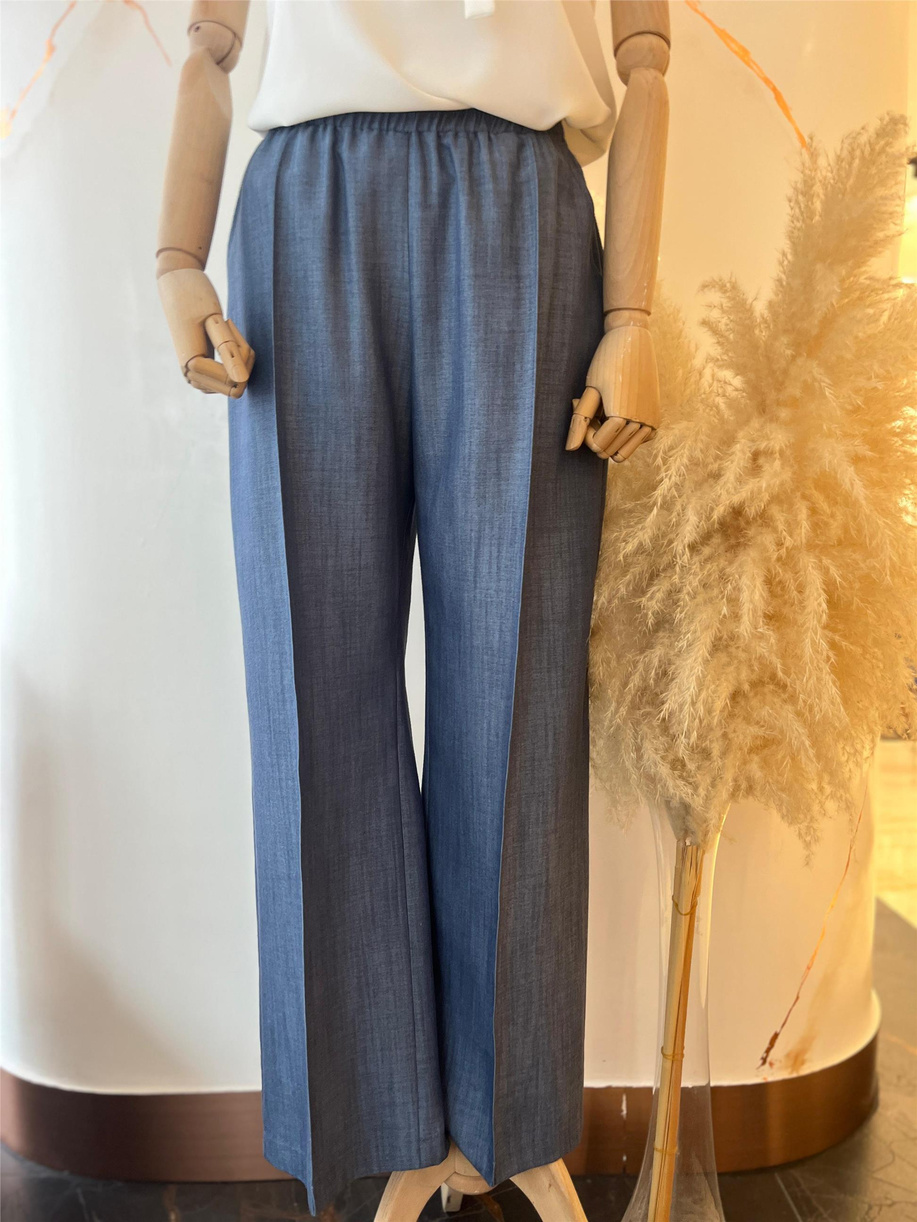 Nervür Detaylı Cepli Tencel Lacivert Pantolon