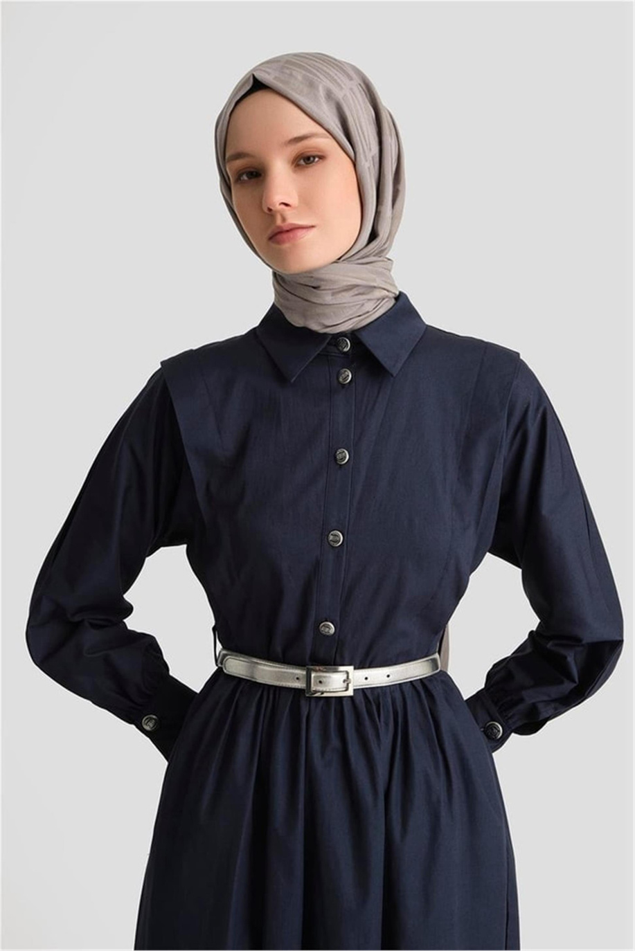 Omuz Allerli Pamuk Elbise Lacivert - 25Y9002