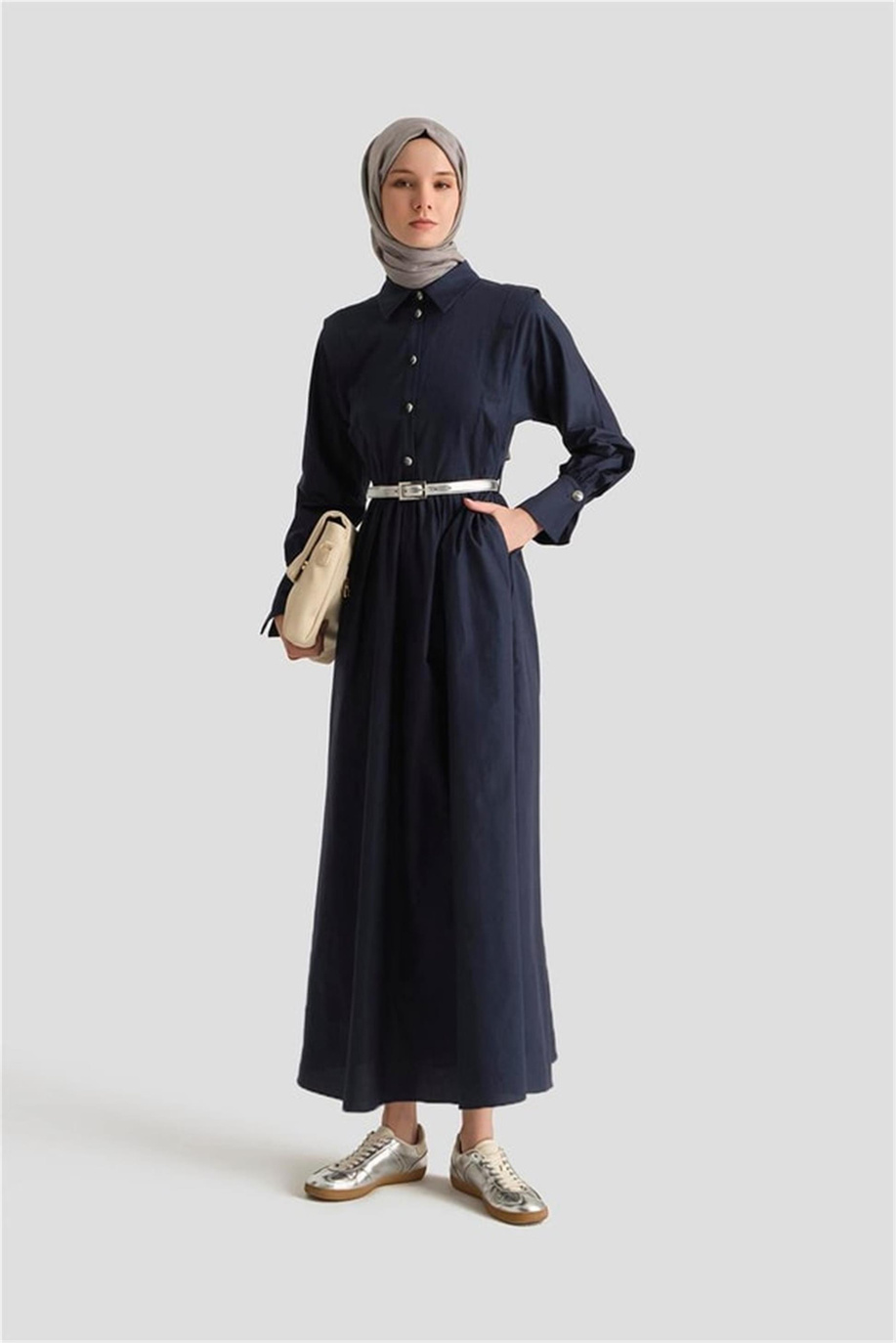 Omuz Allerli Pamuk Elbise Lacivert - 25Y9002