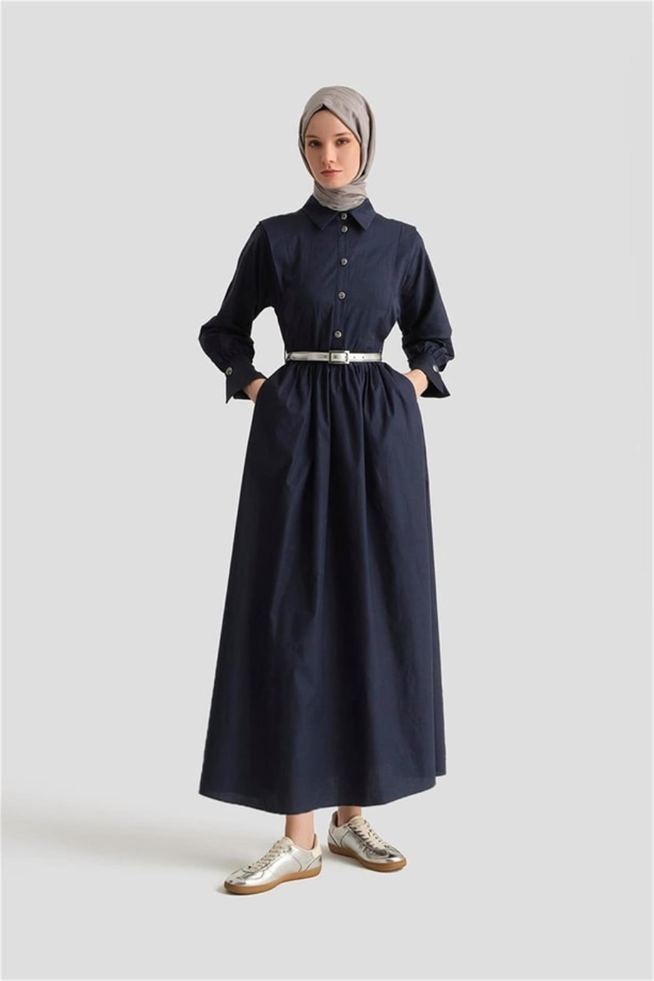 Omuz Allerli Pamuk Elbise Lacivert - 25Y9002