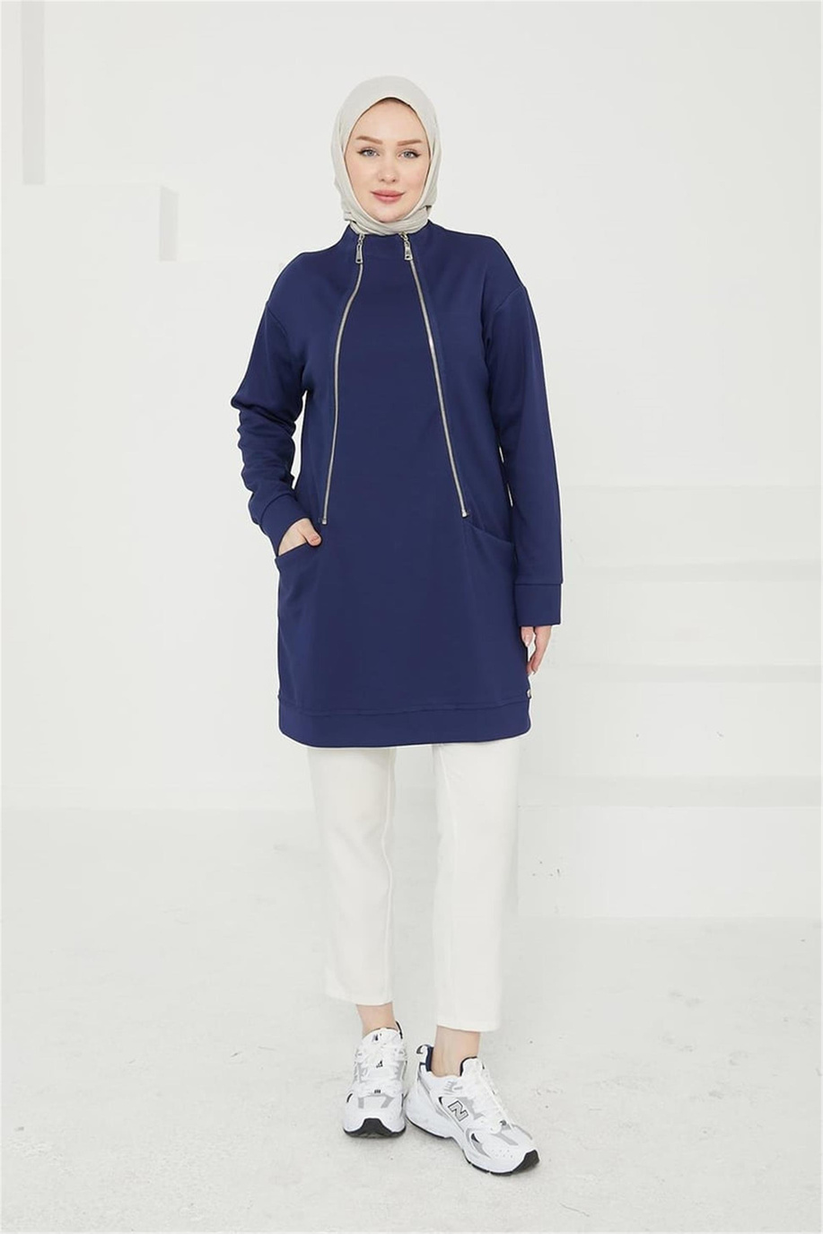 Önden Fermuar Detaylı Cepli Lacivert Tunik