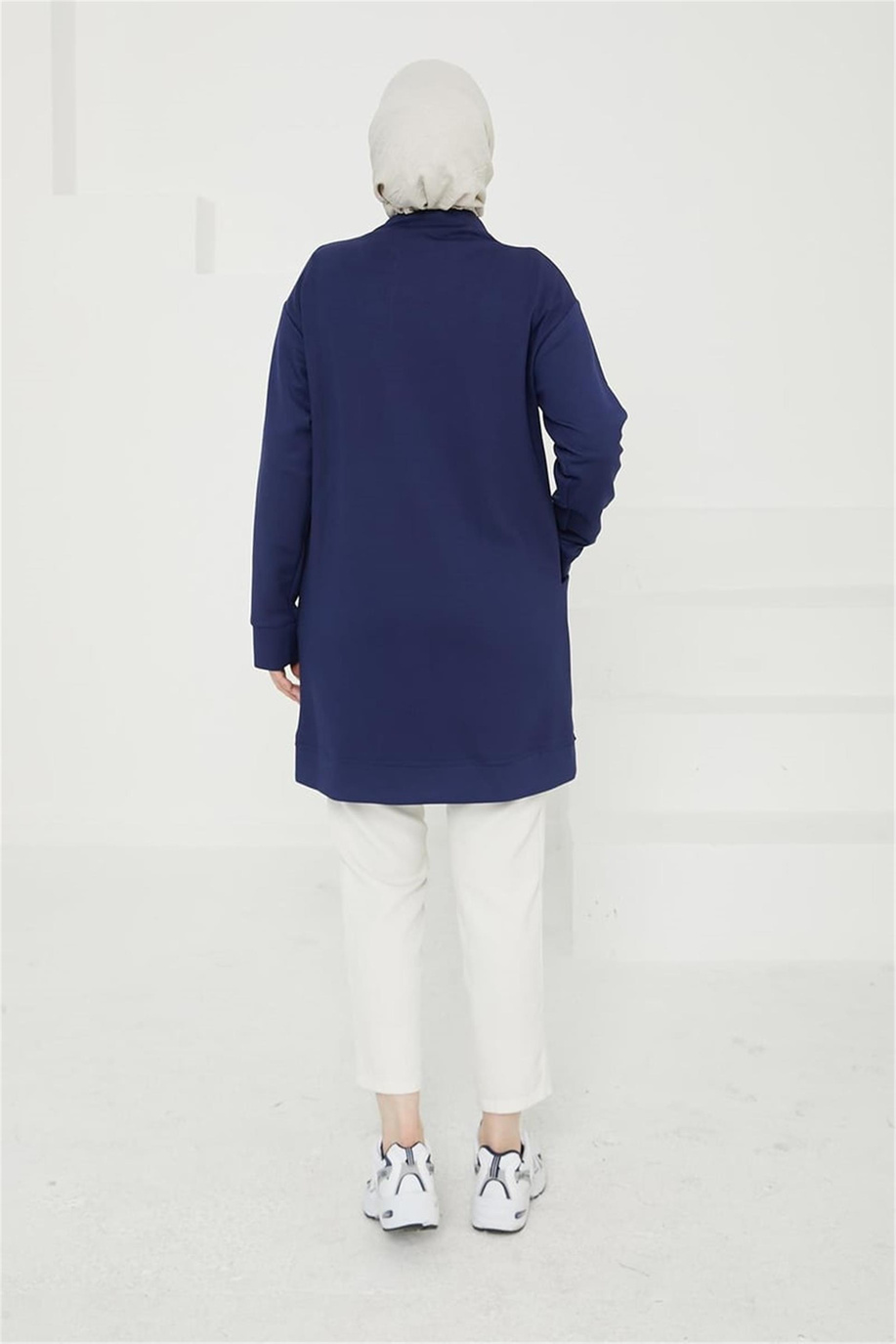 Önden Fermuar Detaylı Cepli Lacivert Tunik
