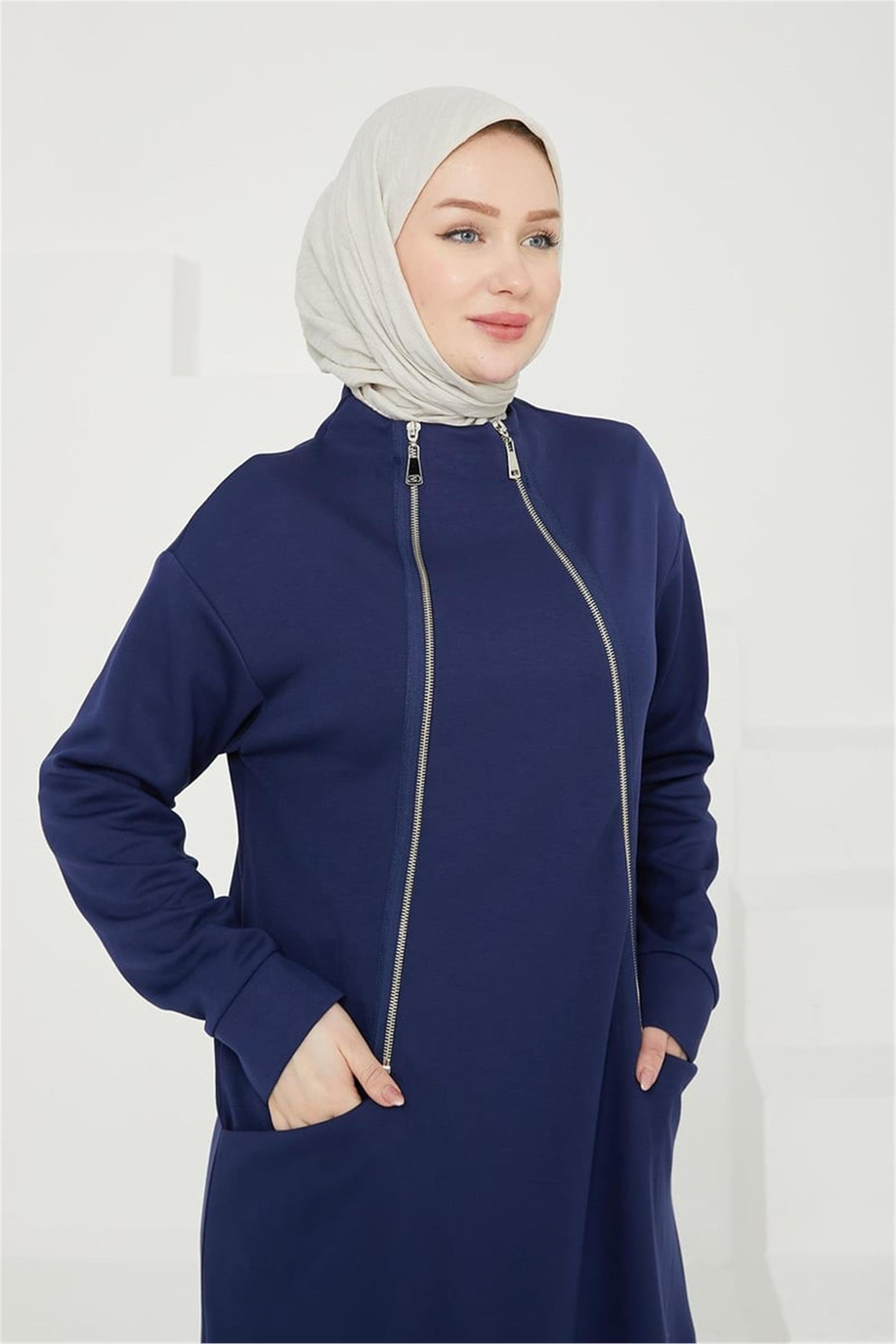 Önden Fermuar Detaylı Cepli Lacivert Tunik