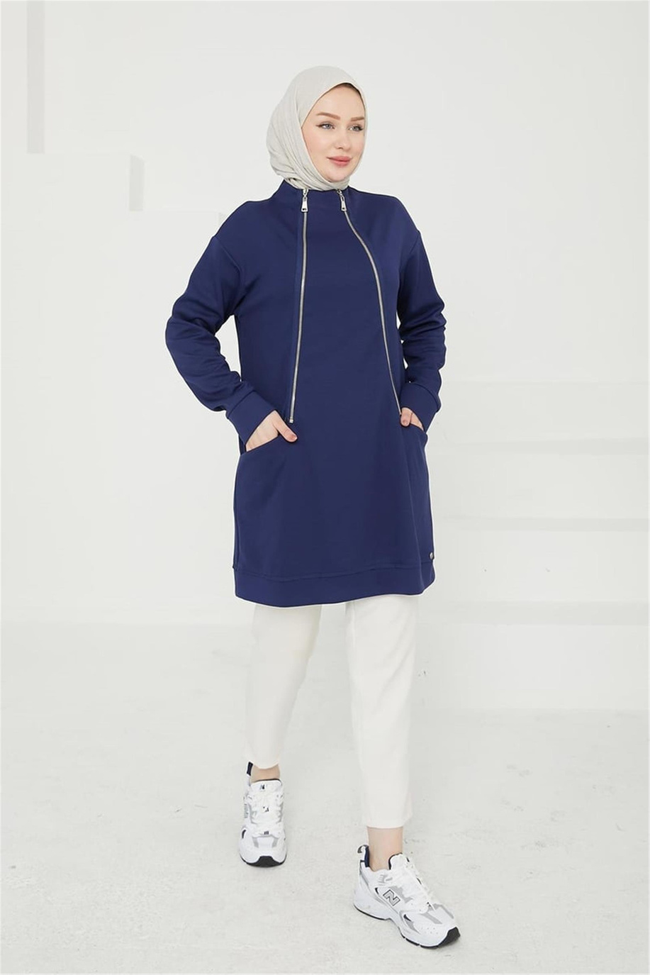 Önden Fermuar Detaylı Cepli Lacivert Tunik