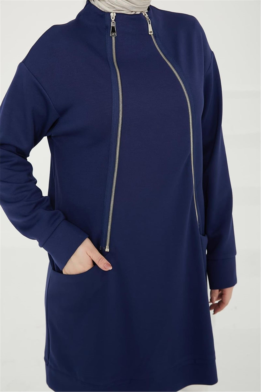 Önden Fermuar Detaylı Cepli Lacivert Tunik