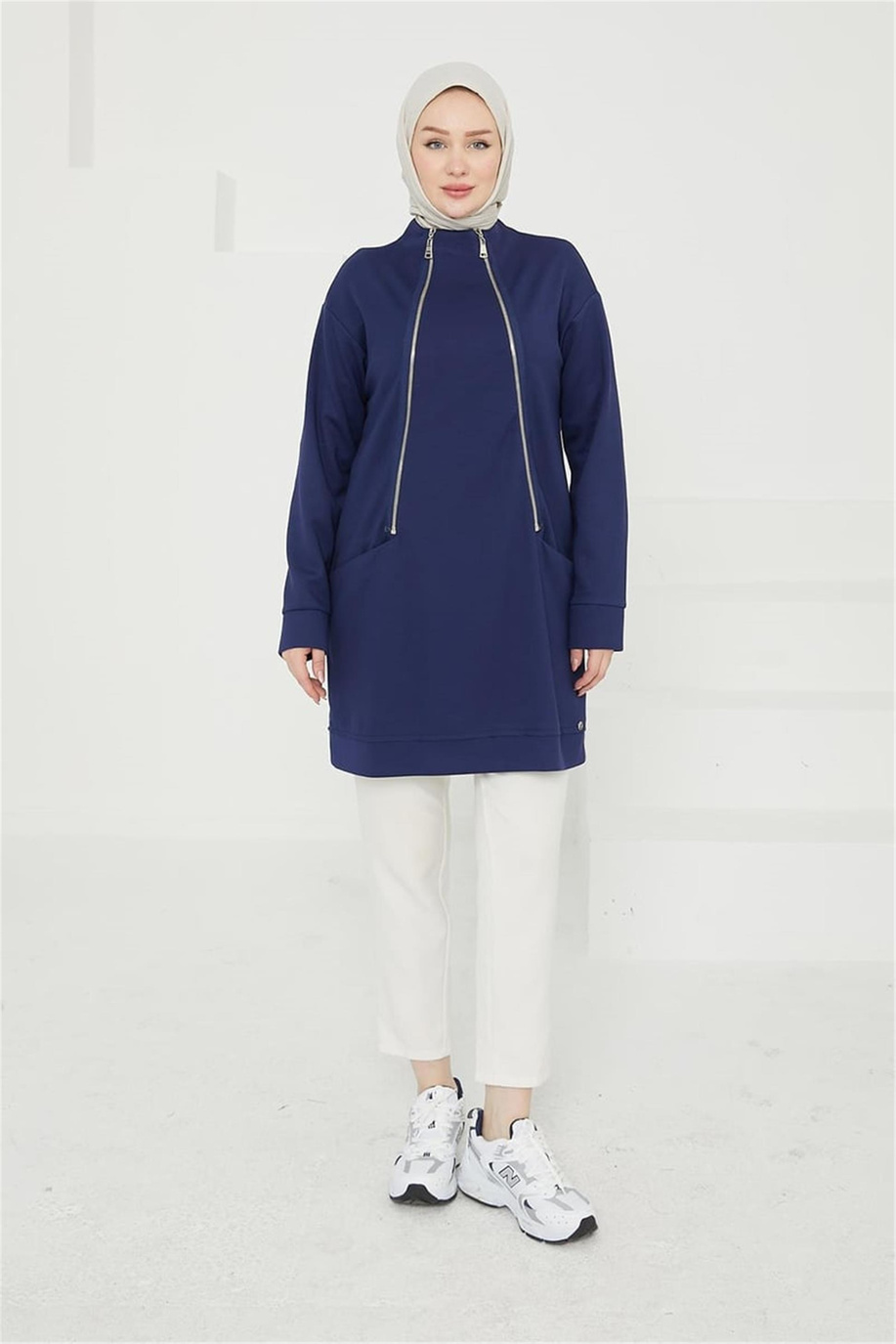 Önden Fermuar Detaylı Cepli Lacivert Tunik