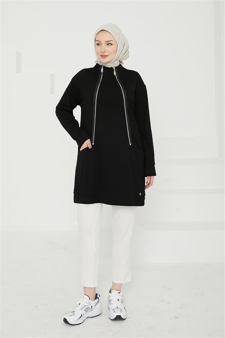 Önden Fermuar Detaylı Cepli Siyah Tunik