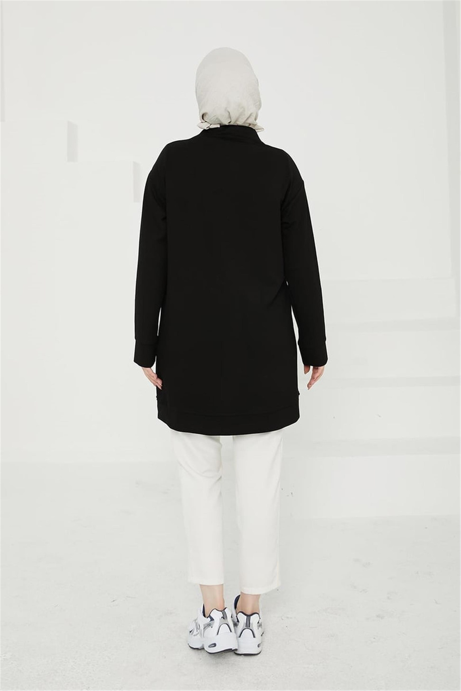 Önden Fermuar Detaylı Cepli Siyah Tunik