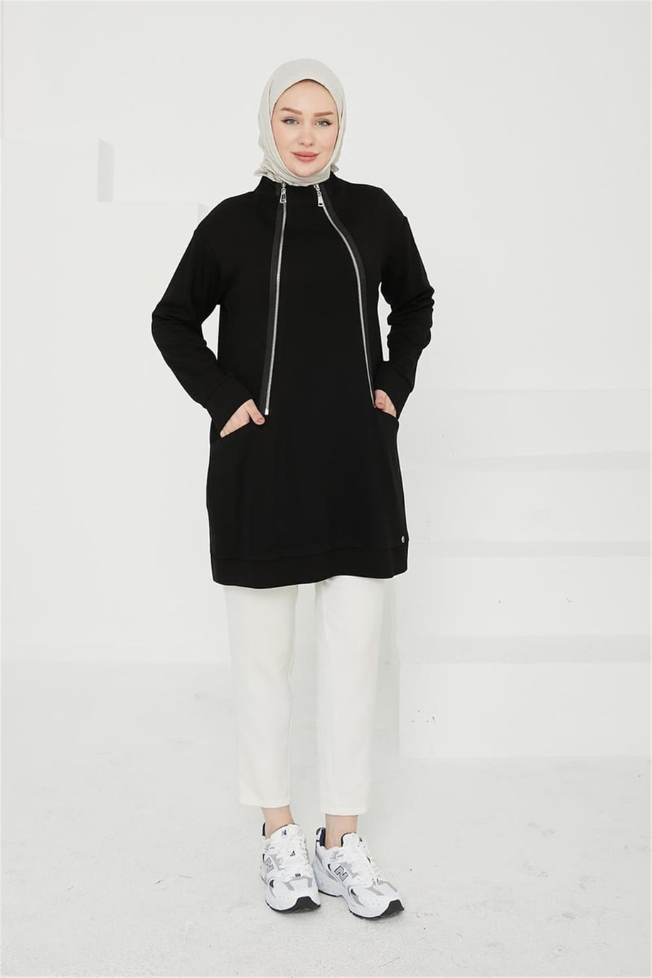 Önden Fermuar Detaylı Cepli Siyah Tunik