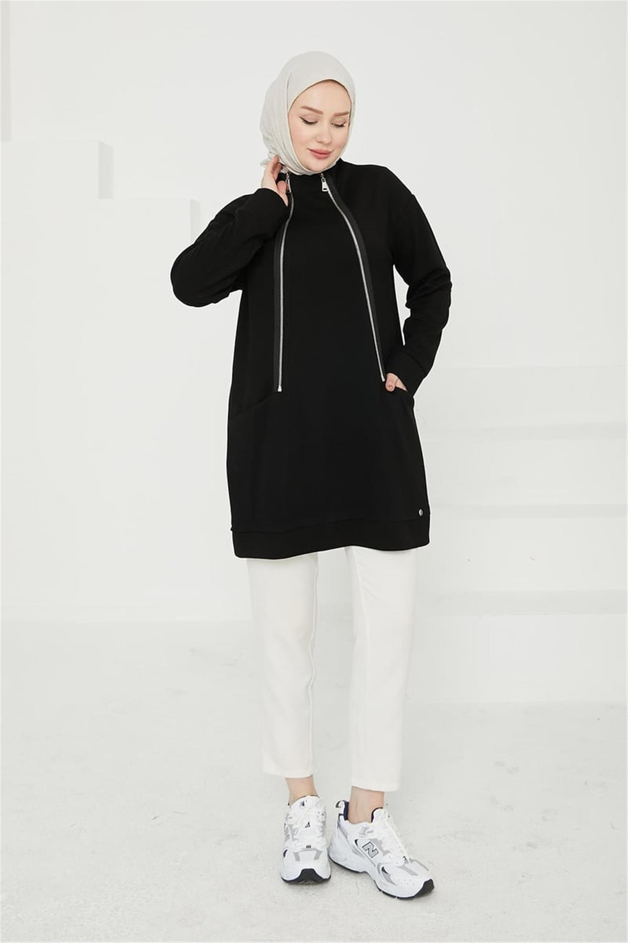 Önden Fermuar Detaylı Cepli Siyah Tunik