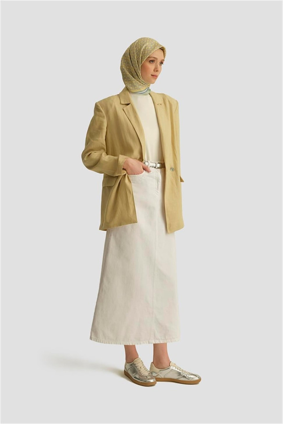 Örgü Detaylı Denim Etek Beyaz - 25YD9122