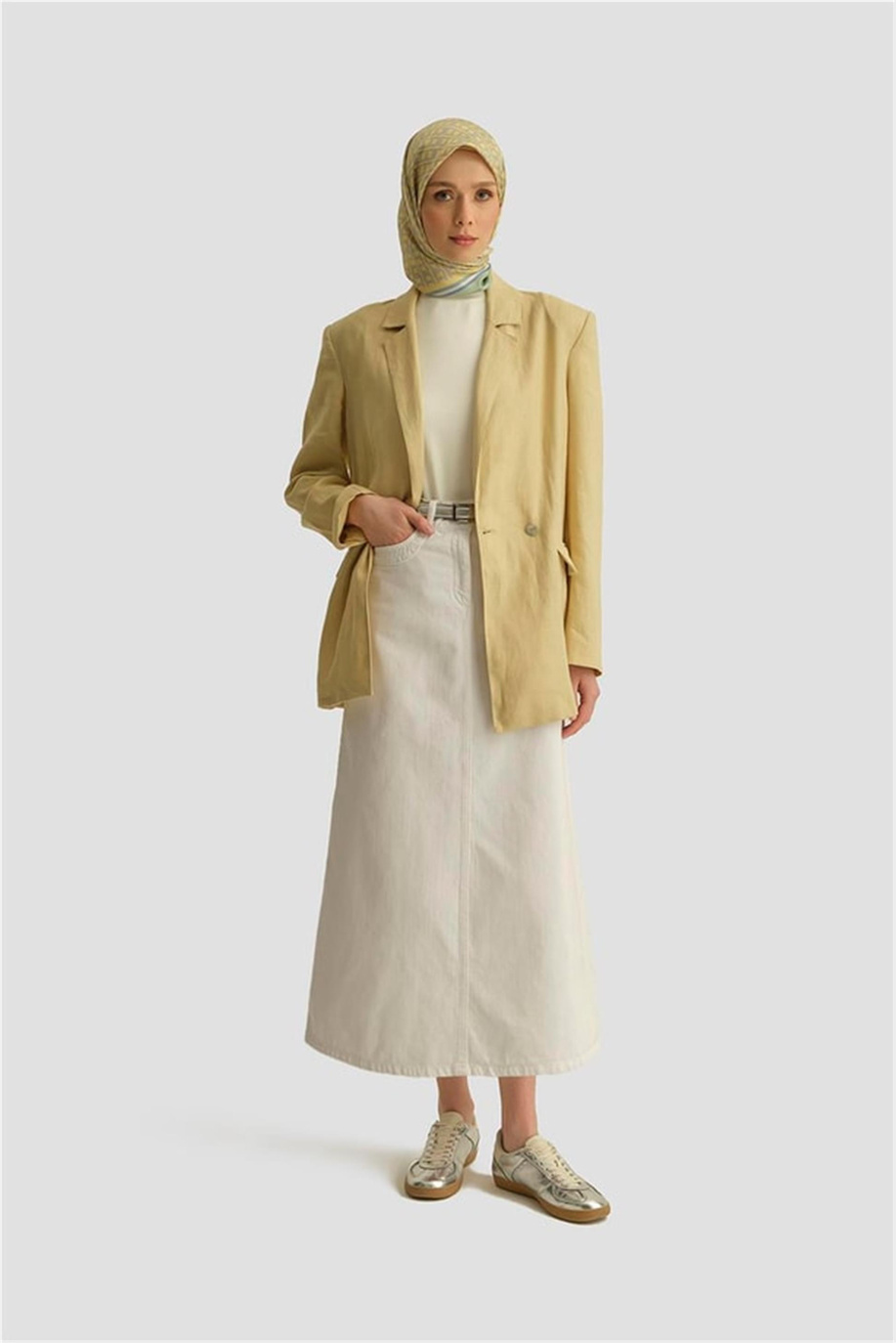 Örgü Detaylı Denim Etek Beyaz - 25YD9122