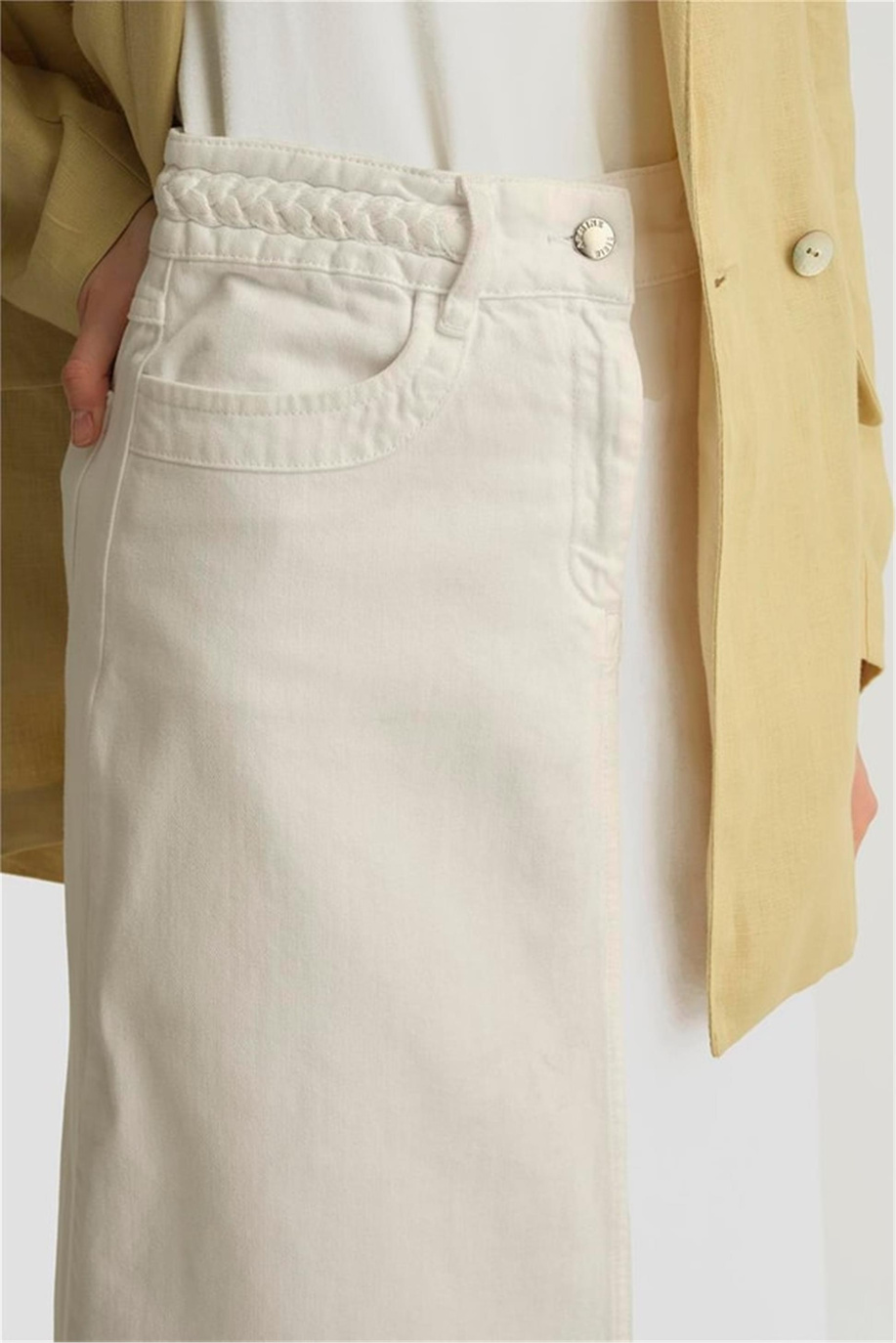 Örgü Detaylı Denim Etek Beyaz - 25YD9122