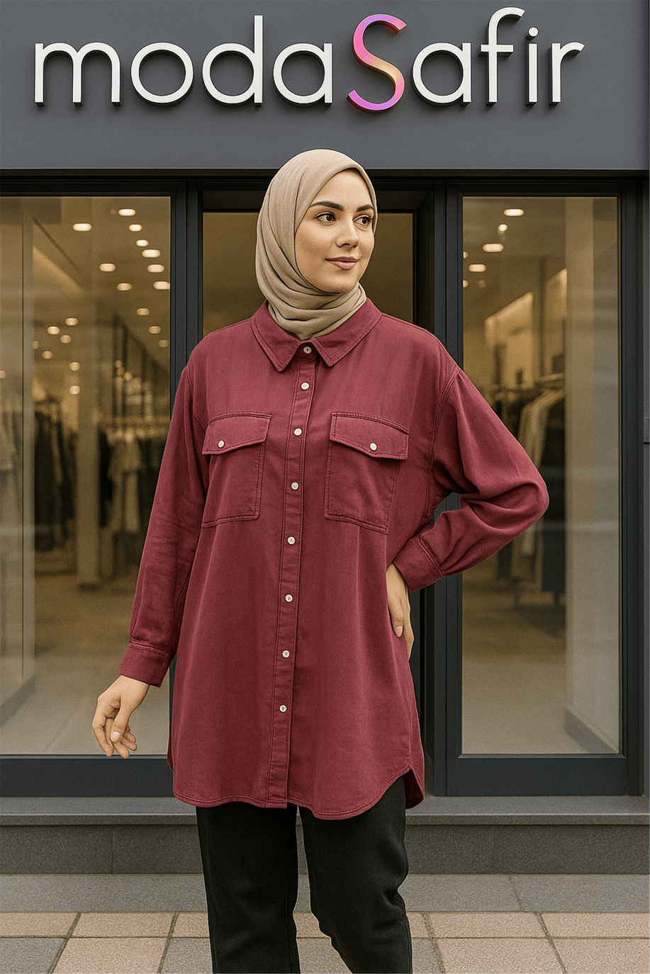 Oversize Cepli Gömlek Mürdüm