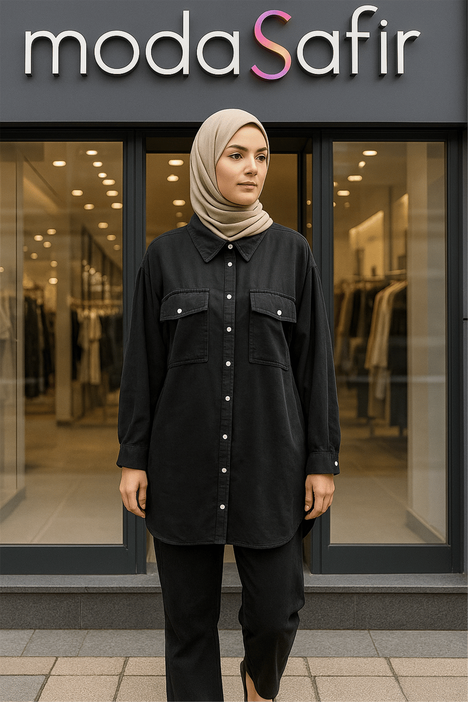 Oversize Cepli Gömlek Siyah