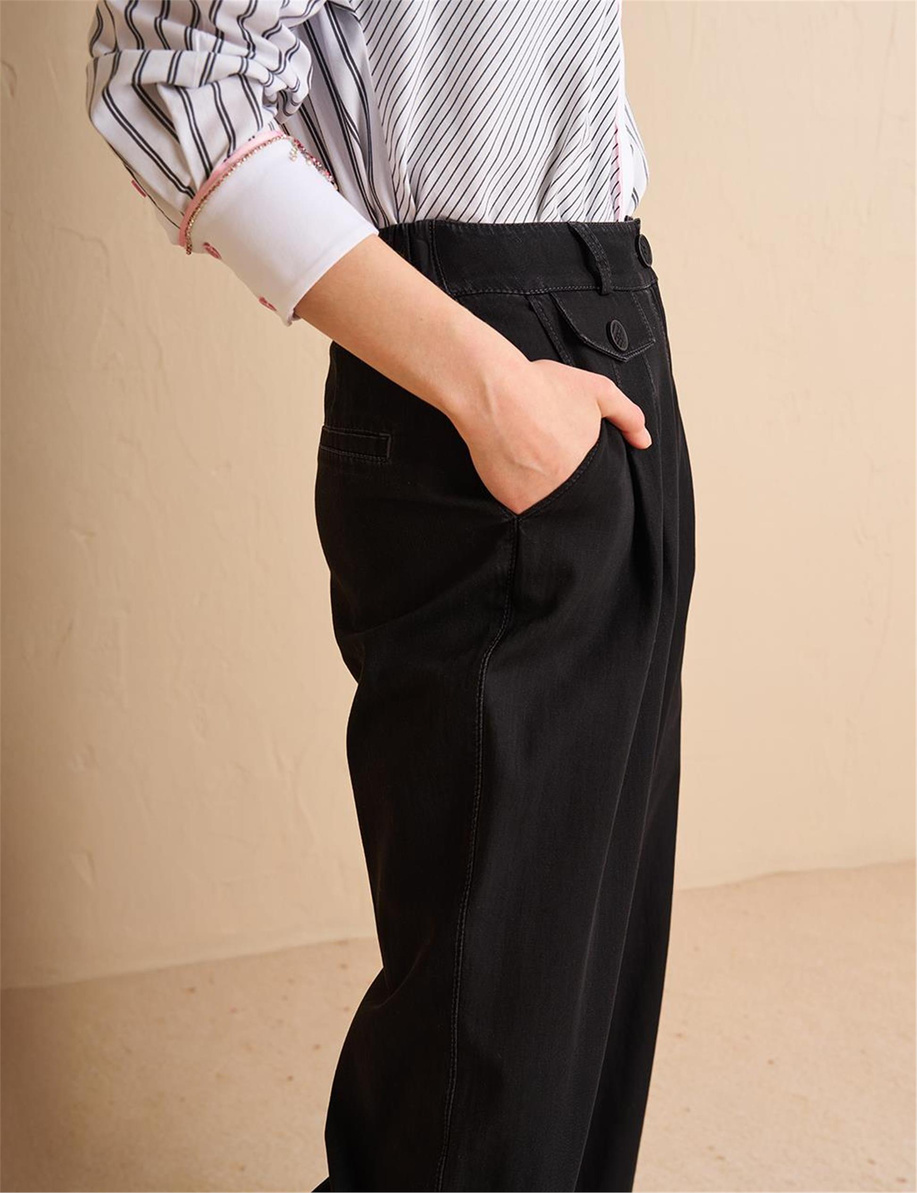 Paçası Düğmeli Denim Efektli Pantolon Siyah - KA-B25-19086