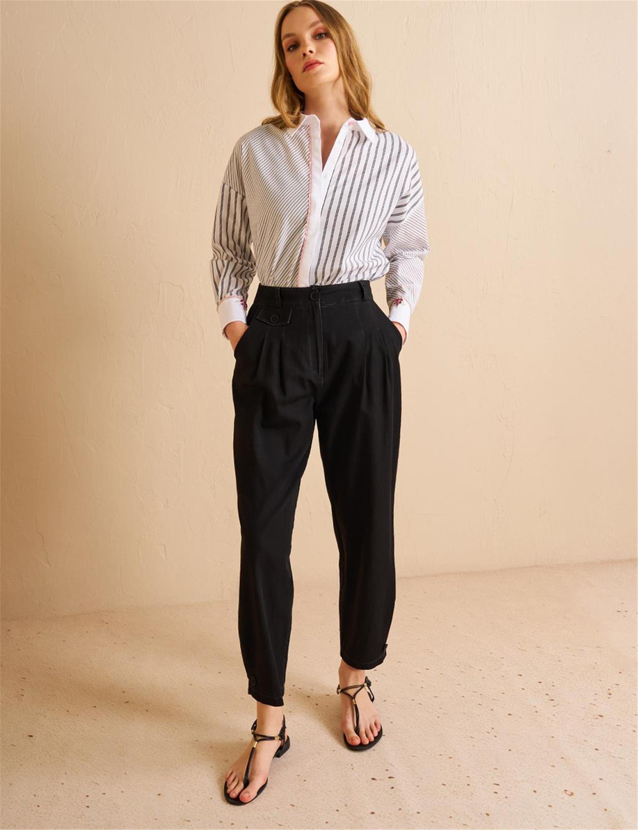 Paçası Düğmeli Denim Efektli Pantolon Siyah - KA-B25-19086