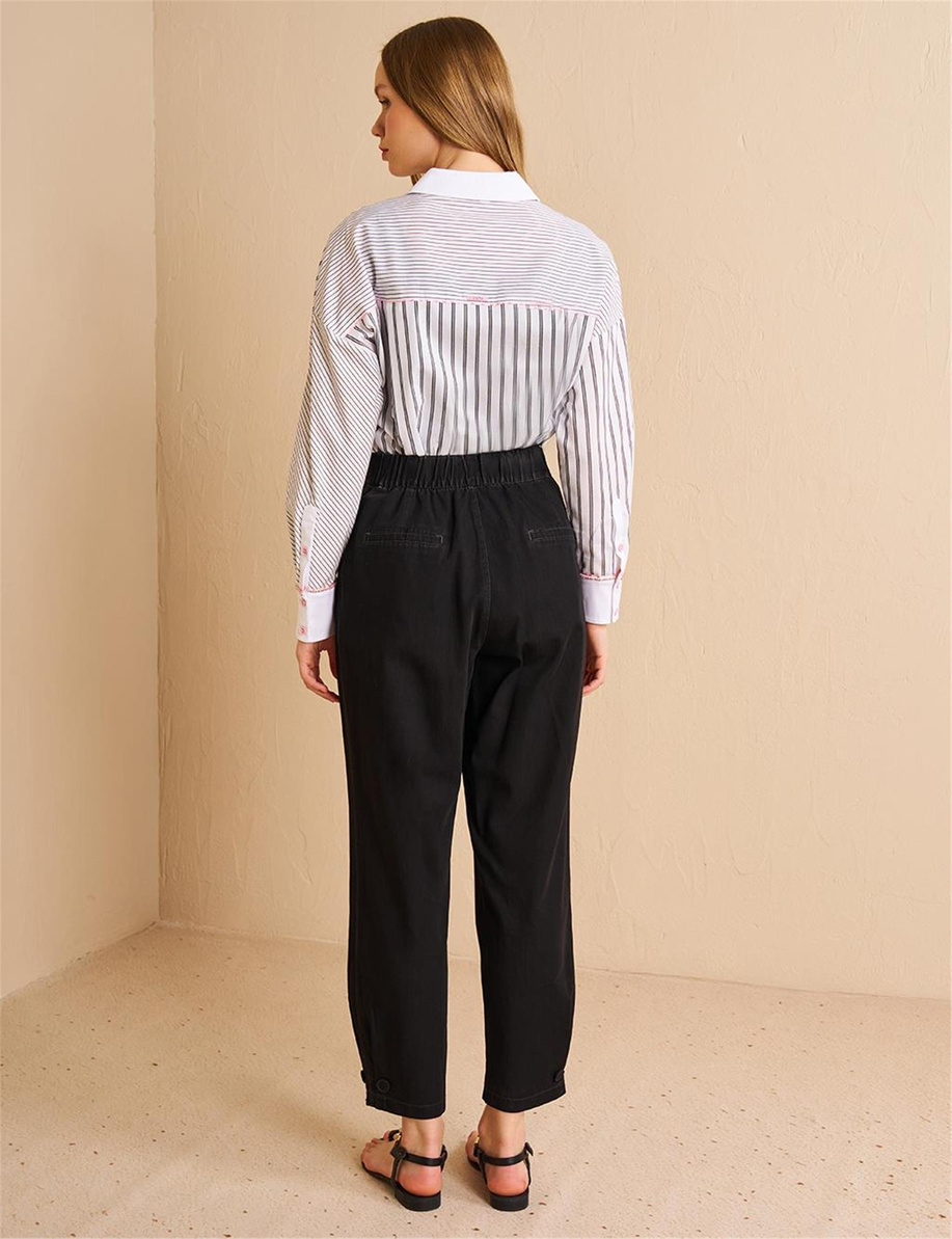 Paçası Düğmeli Denim Efektli Pantolon Siyah - KA-B25-19086