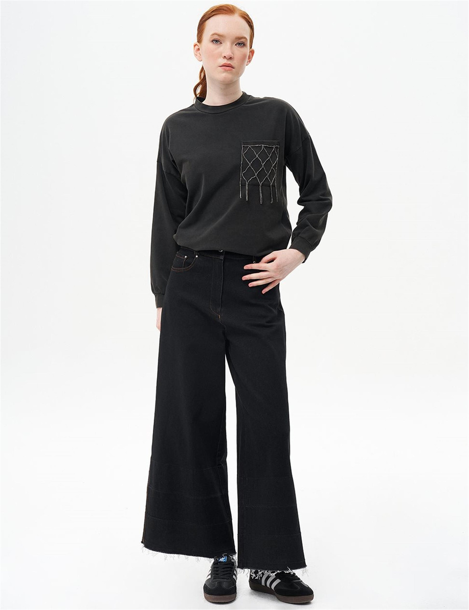 Paçası Eskitmeli Denim Siyah Pantolon