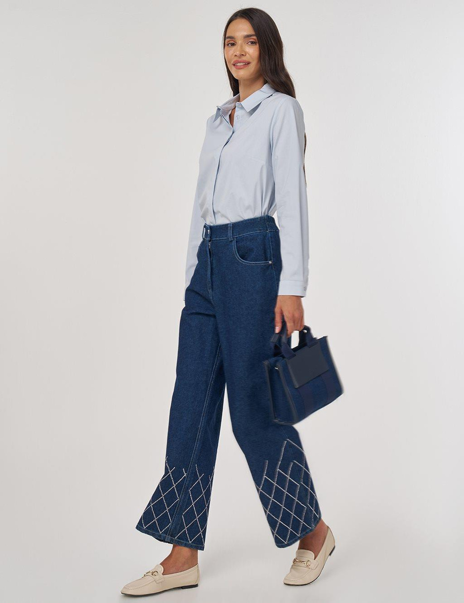Paçası İşlemeli Denim Pantolon Lacivert
