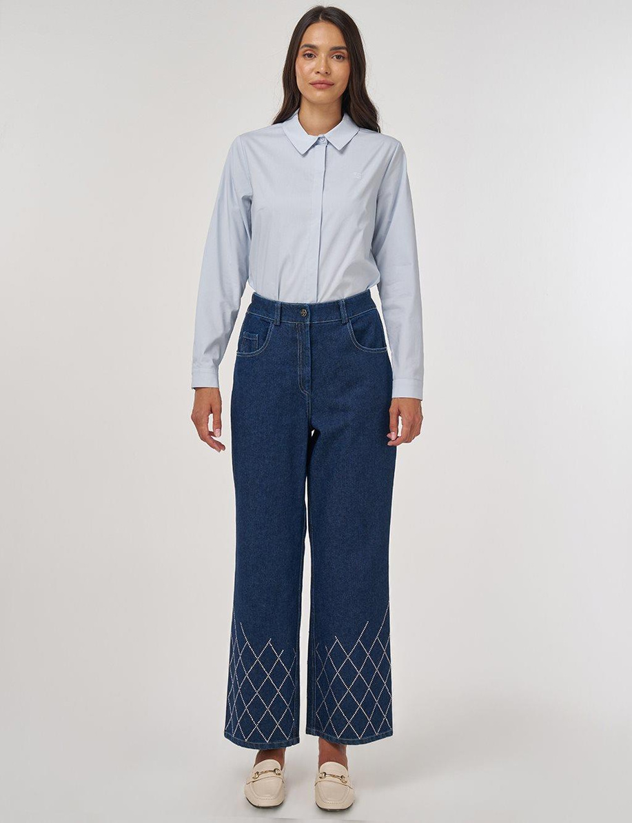 Paçası İşlemeli Denim Pantolon Lacivert