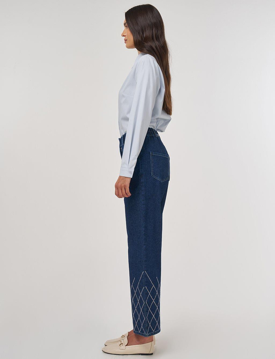 Paçası İşlemeli Denim Pantolon Lacivert