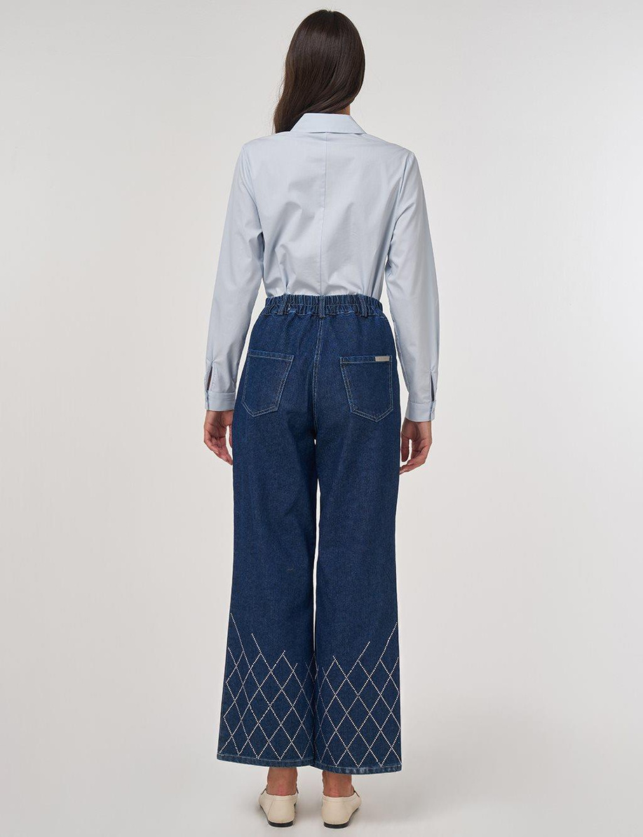 Paçası İşlemeli Denim Pantolon Lacivert