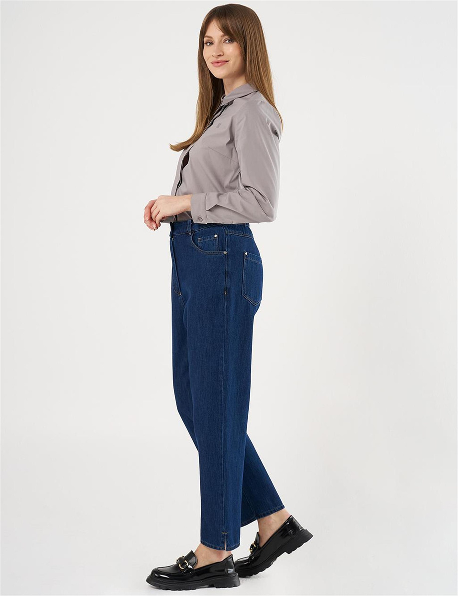 Paçası Yırtmaçlı Denim Pantolon Lacivert