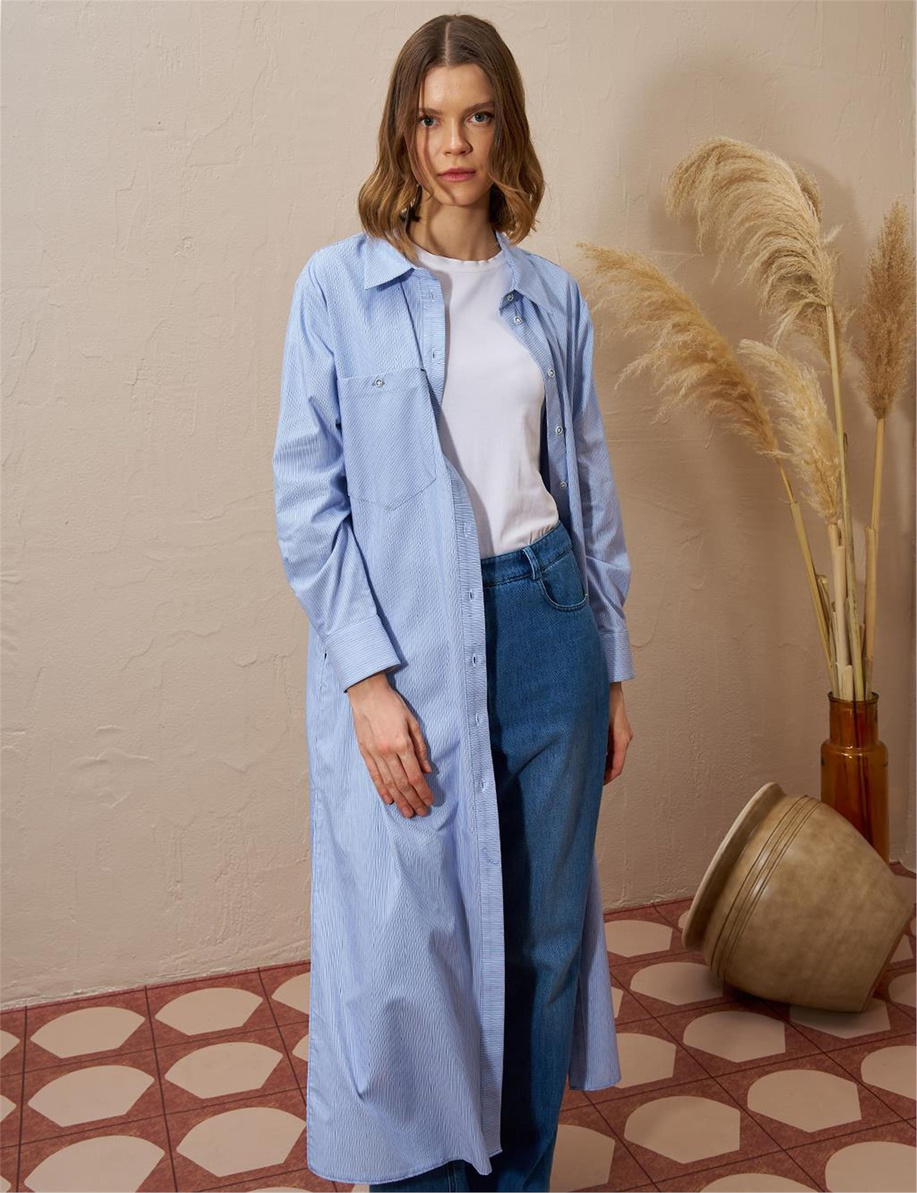 Pamuk Karışımlı Çizgi Desen Havacı Mavi Tunik