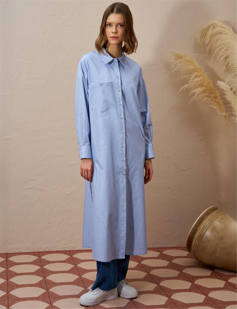 Pamuk Karışımlı Çizgi Desen Havacı Mavi Tunik