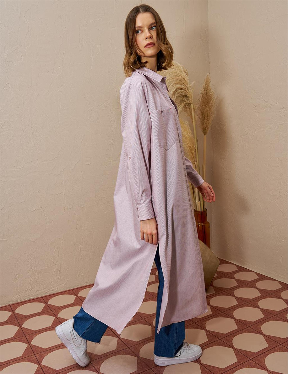 Pamuk Karışımlı Çizgi Desen Kırmızı Tunik