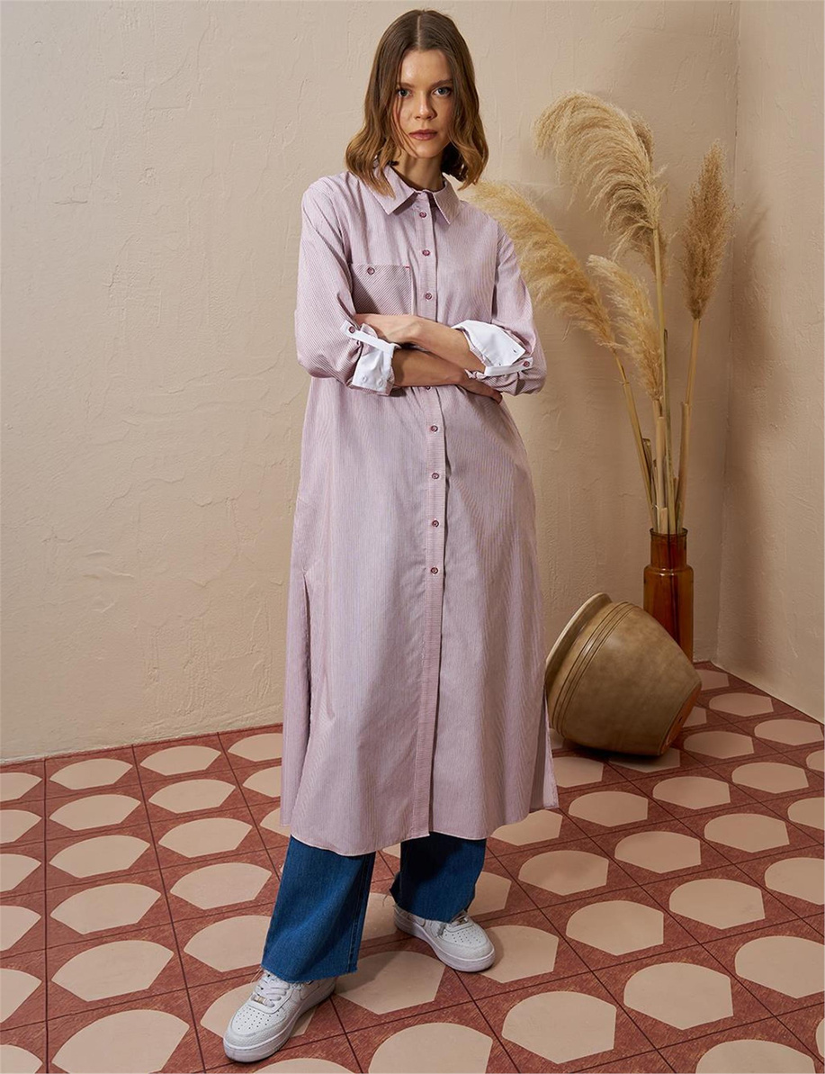 Pamuk Karışımlı Çizgi Desen Kırmızı Tunik