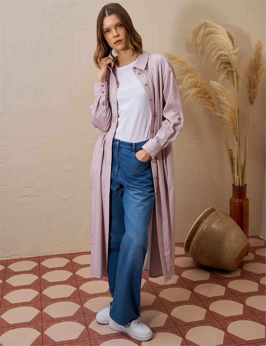 Pamuk Karışımlı Çizgi Desen Kırmızı Tunik