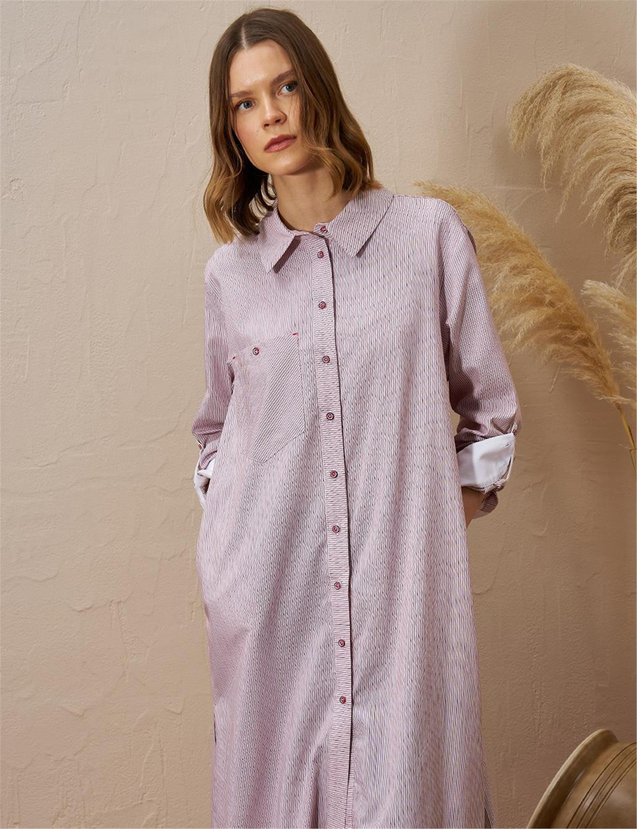 Pamuk Karışımlı Çizgi Desen Kırmızı Tunik