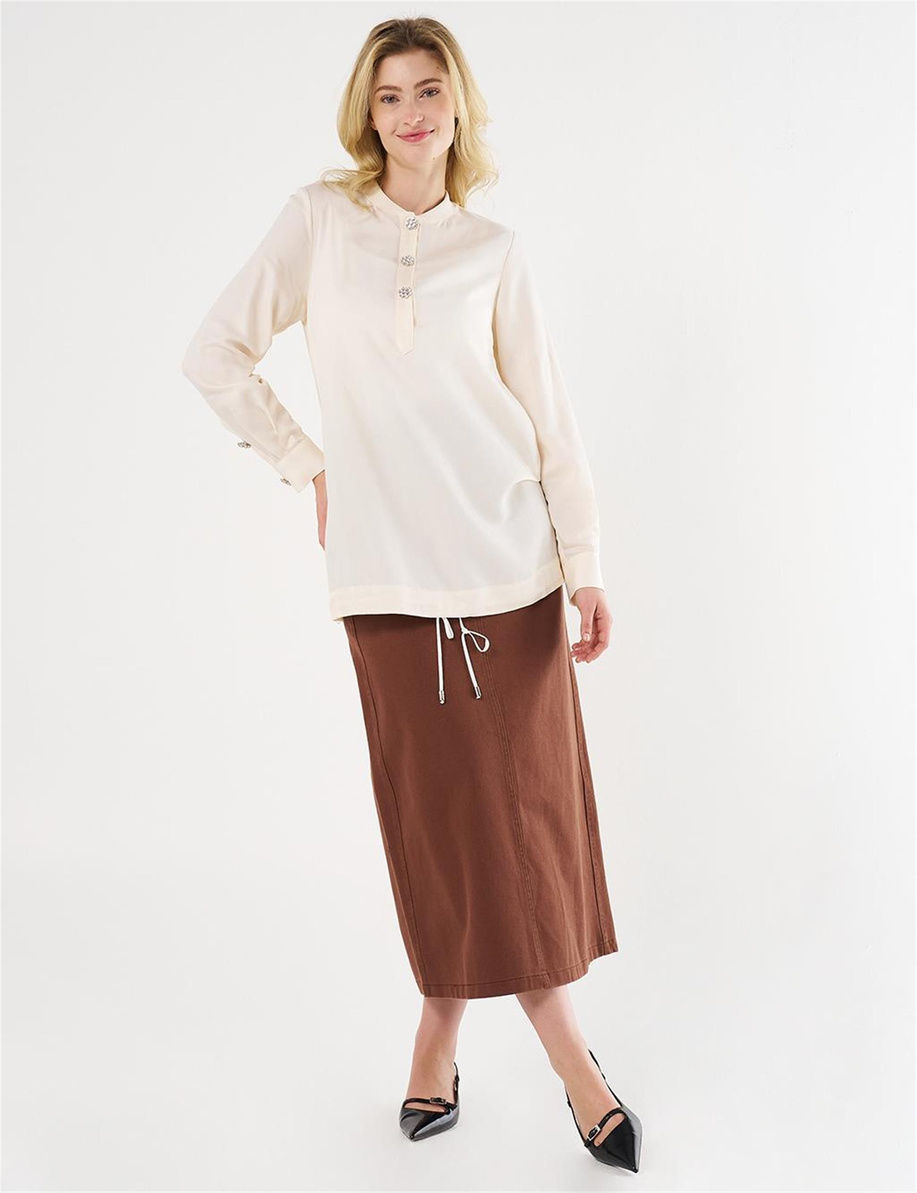 Parlak Düğmeli Kolej Yaka Tunik Ekru