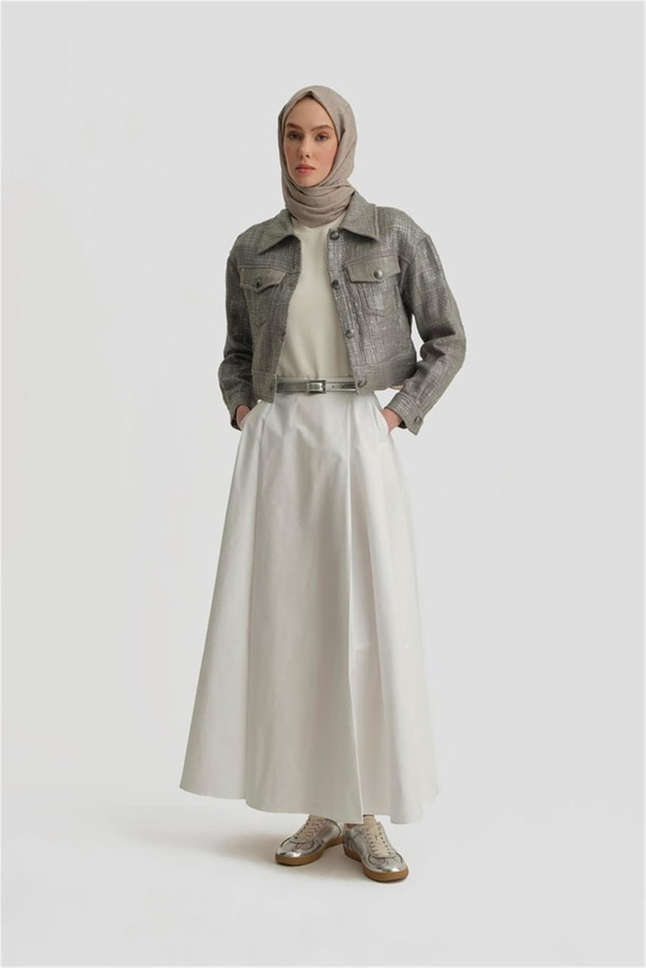 Pileli Pamuk Optik Beyaz Etek