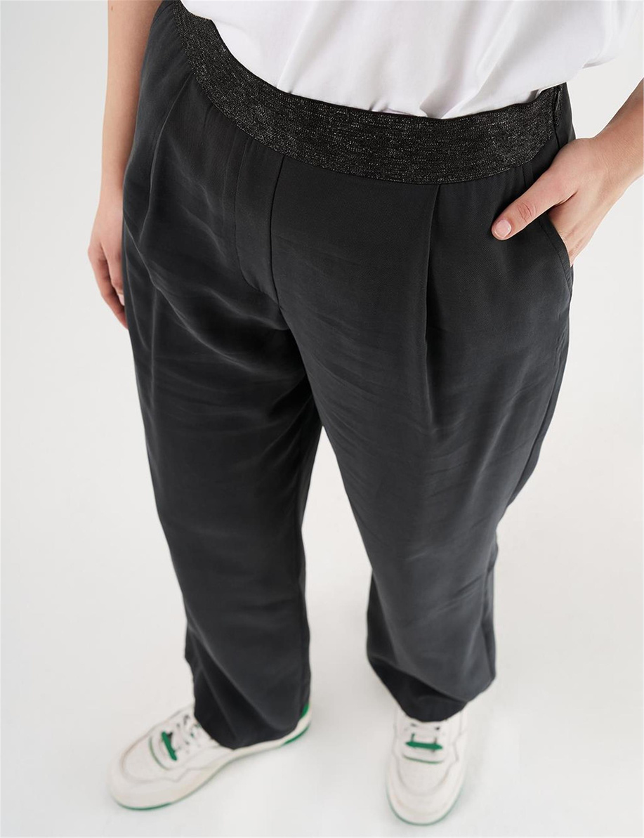 Pileli Yüksek Bel Pantolon Siyah