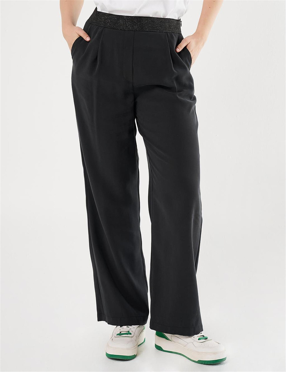 Pileli Yüksek Bel Pantolon Siyah